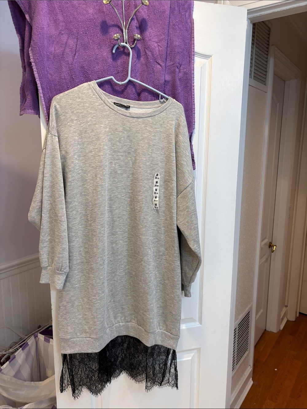 NWT Zara Gray Sweatshirt Dress with Black Lace Hem